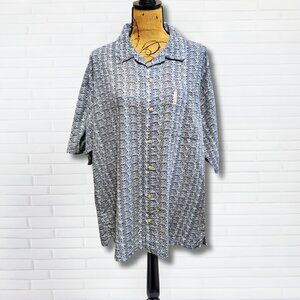 Vintage Columbia Sportswear Rayon Blend Shirt L Blue Tan Geometric Pattern